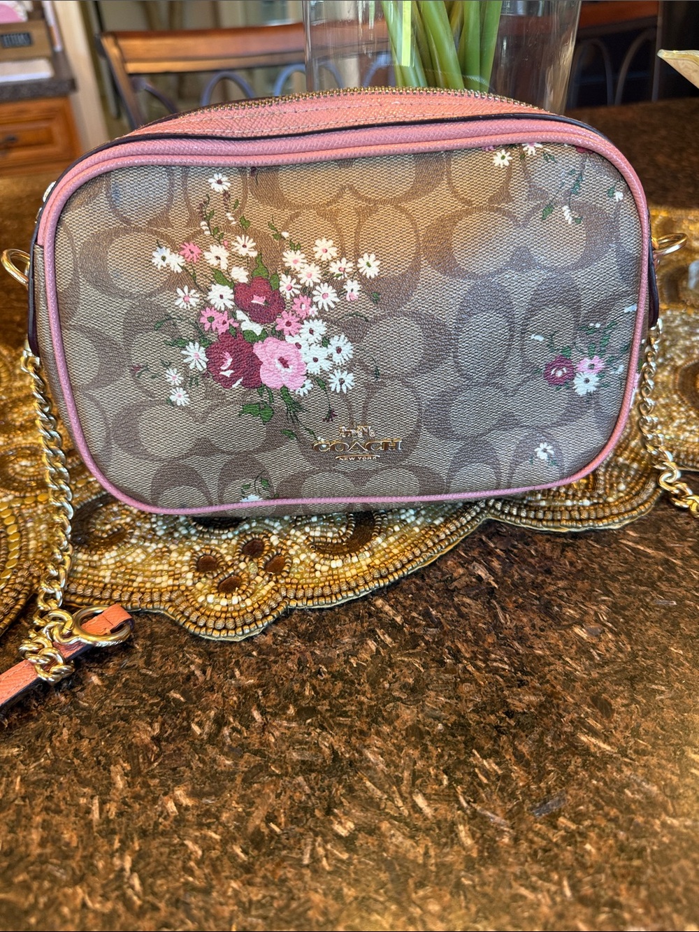 Like New Coach Floral Signature Canvas Crossbody in Brown and Pink